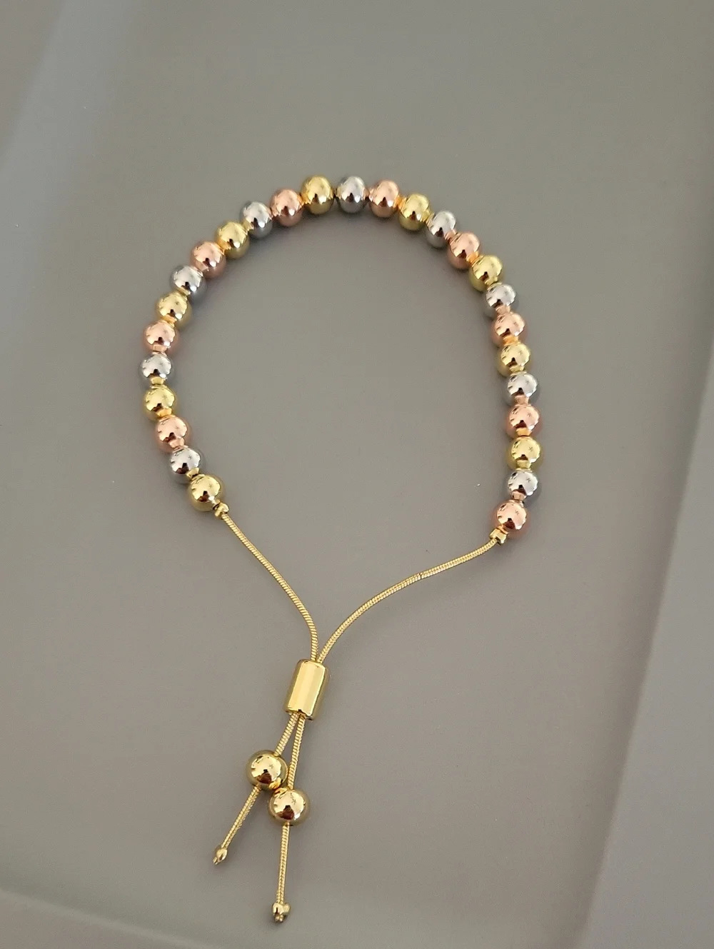 Tri-Tone Beaded Adjustable Bracelet - Gold, Silver & Rose Gold